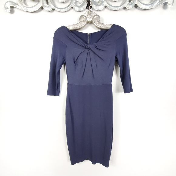 ANTHROPOLOGIE Bodycon Pencil Wrap Knot Dress Medium M Navy Blue - Picture 1 of 10